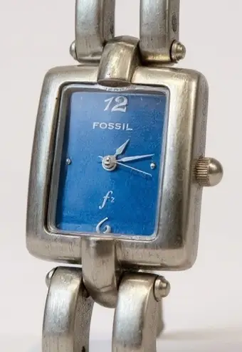 Fossil Womens Silver Tone Watch Blue Face Rectangle Tank ES-9098
