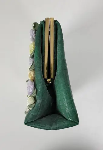 Andé Womens Clutch Bag Green Croc Embossed Pastel Floral Applique Gold Chain