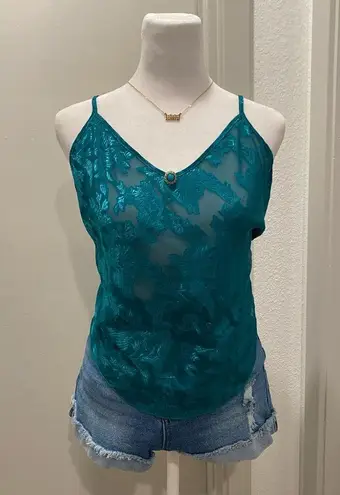 VTG 80s 90s Colesce Collection Lingerie Semi Sheer Green Floral Cropped Cami Top Blue Size L