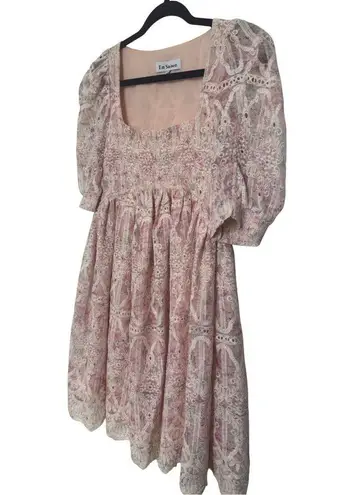 EN SAISON Floral Eyelet Lace Babydoll Short Sleeve Square Neck Dress EUC Small Pink