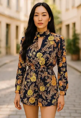 Lucca Couture Lucca Womens Romper Sz M Navy Blue Yellow Orange Floral Print Shorts Long Sleeve