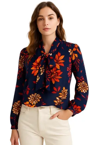 STYLUS Navy Floral Secretary Bow Tie Blouse Long Sleeve XL Retro Geek Blue