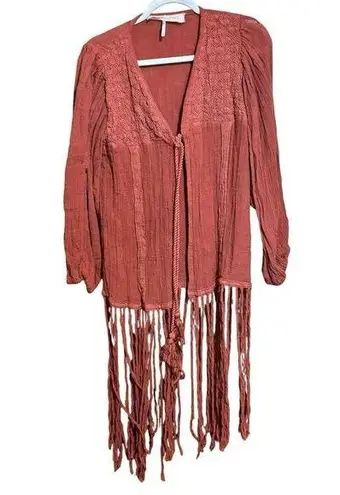 Jen's Pirate Booty Cardigan Womens XS Small Orange Fringe Boho Gauze Sweater