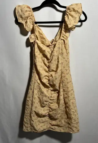 Cider Floral Mini Dress Ruffle Sleeve Tie Front Ruched Bodycon Yellow S Coquette