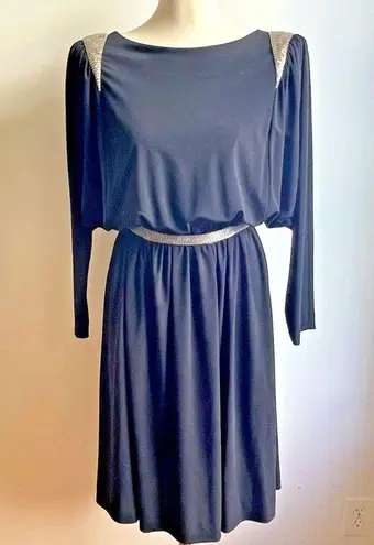 Vintage 80s Ricki Lane Nuit Black Batwing Dress Silver Beaded Small Medium