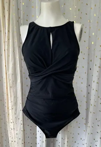 NWT Tempt Me High Neck Keyhole Twist Front Tummy Control Shaping Swimsuit M Black Size M