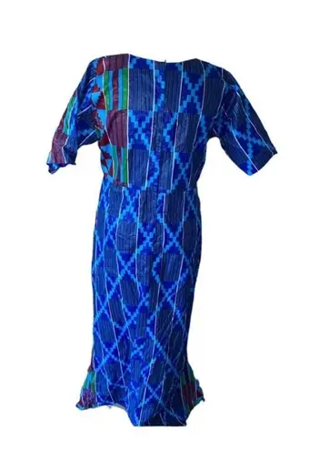 African Blue Patchwork Geometric Pattern Hand Made Square Neck Maxi Dress Size L