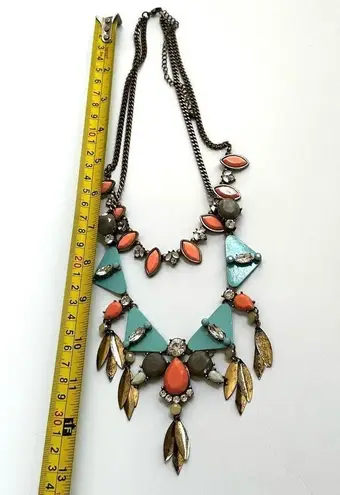 Blue and orange geometric multi strand statement necklace