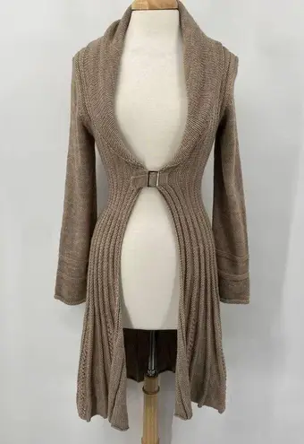 Beretti Open Front Duster Cardigan Wool Blend Sweater Buckle Taupe Womens Medium Tan