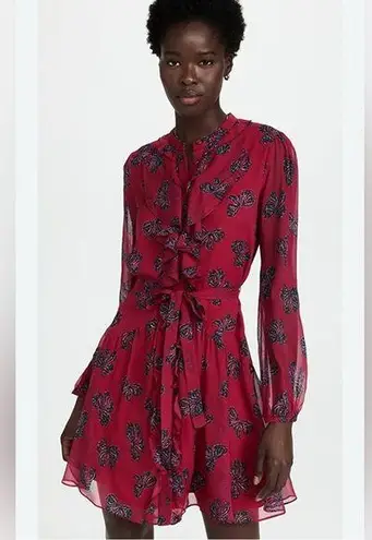 Saloni Tilly Ruffle Bib 100% Silk Long Sleeve Dress in Cherry Bows Red