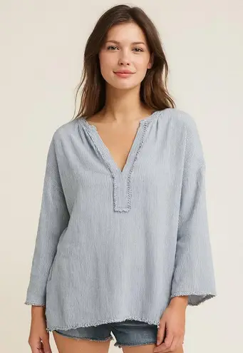 Velvet by Graham & Spencer Blue White Striped Fringe Peasant Coastal Top Size S