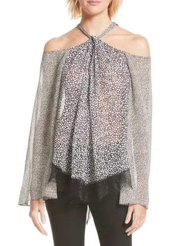 Derek Lam 10 Crosby Cold Shoulder 100% Silk Animal Print Polka Dot Lace Blouse 0