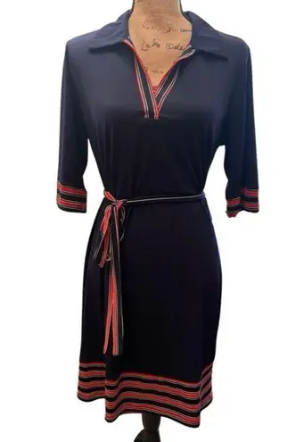 Enfocus Studio New En Focus Navy Blue w/ Red & White Stripes Women Midi Collard Shirt Dress