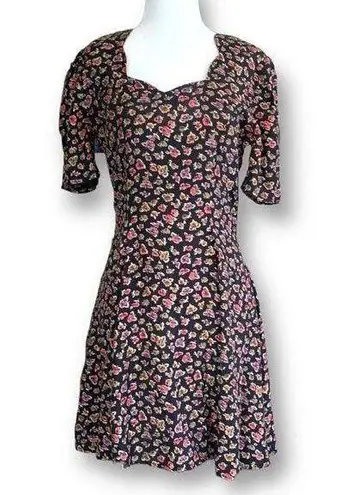 Vintage Rampage Dress Black Dark Floral Detail Sweetheart Neck Puff Sleeve Mini Size XS