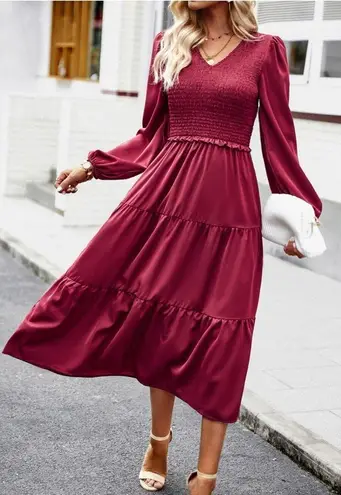 NEW Wine Red Smocked Bodice V Neckline Tiered A line Midi Dress Size Small