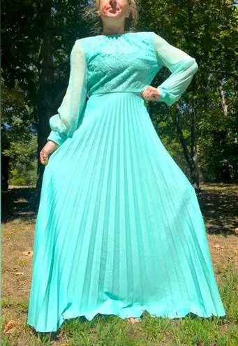 60s 70s blue polyester accordion pleat skirt lace top sheer sleeve maxi dress