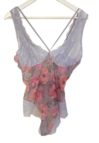 Mapale bodysuit nightie lace up back lace trim floral size 1X/2X Orange - Image 1