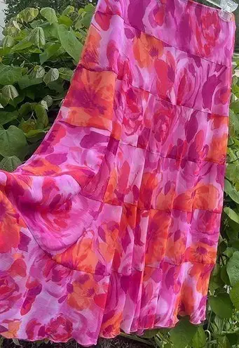 Bright colorful boho flowy skirt pink orange 90’s size 14 P elastic waist