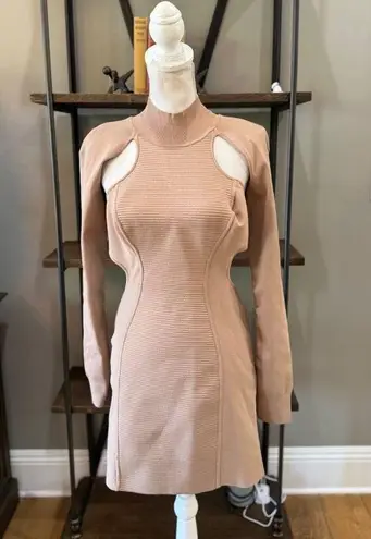 Herve Leger Ottoman Cutout Long Sleeve Minidress Fawn Womens Size Large