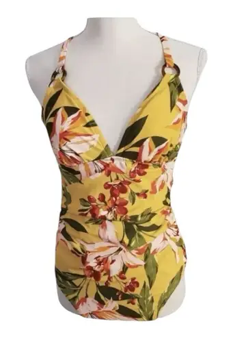 Kona Sol Women's Tortoise Ring High Coverage Swimsuit Yellow Floral Size M