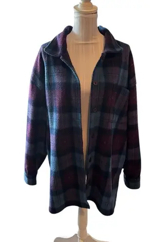 New York Jeans Blue Plaid Fleece Jacket Oversized Shirt Size L