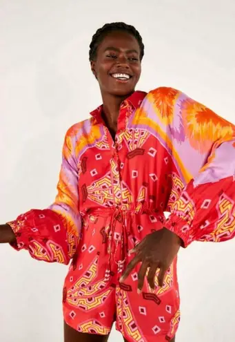 Farm Rio ππ Red Tiki Bananas Scarf Sleeve Romper ~ Tie Dye Cashew Small S NWT