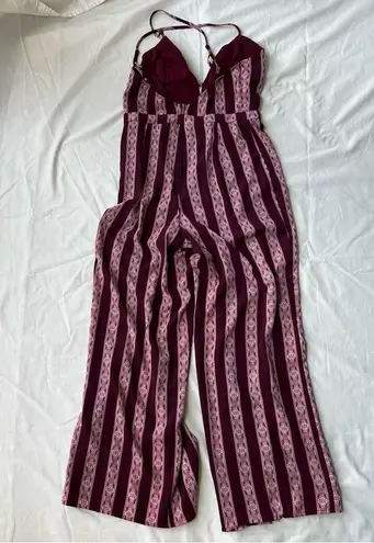 Crystal Doll spaghetti strap Jumpsuit split leg maroon stripes size 3