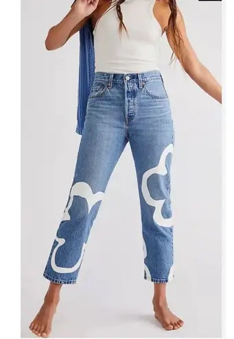 NEW Levi's 501 Crop Paint by Number Flower Wavy Lined Straight Jeans 28 x 26” Blue