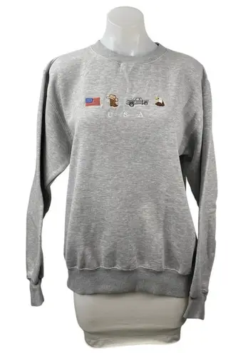 Women's Gray Embroidered USA Flag Cowboy Eagle Long Sleeve Sweatshirt Top Size M Size M