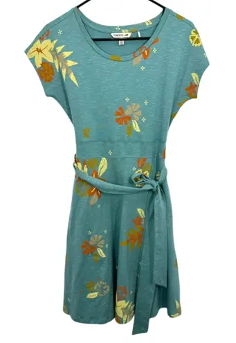 Toad & Co Teal Green Floral Print Short Sleeve Tie Waist Tencel Cotton Dress