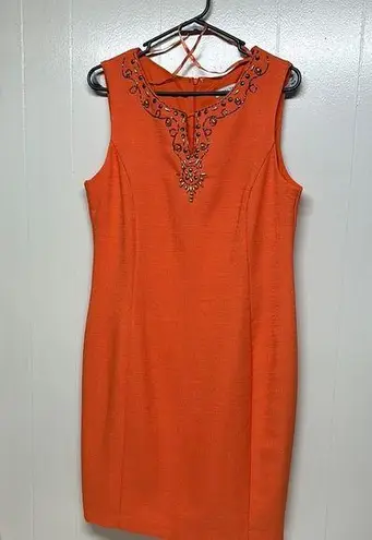 Sandra Darren Orange Sheath Midi Dress with Cutout Crew Neck