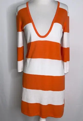 Tommy Bahama  Orange White Striped Deep Plunge V Tunic Stretch Knit Top Small