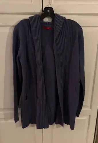 Red yummy Yarn Hooded Cardigan Open Front Ribbed Pockets Knitwear Medium Blue - Image 1