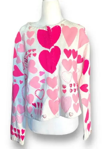 Vintage 1996 Michael Simon Heart Sweater Pink Red Button Crewneck Cardigan White Size M