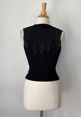 De Laru Vintage Black Bead Embellished Knit Sleeveless Backless Tank Top