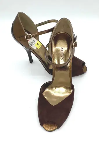 NWT Alfani Adara Umber Brown Suede Open Toe Heels Bronze Accents Ankle Strap 6