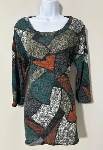 VISION USA Women Geometric Patchwork Print Long Sleeve Scoop Neck Top Dress M Orange Size M