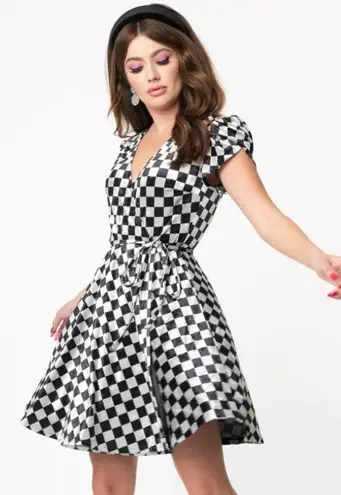 Unique Vintage Girl Power Checkerboard Velvet Flare Dress NWT | MEDIUM