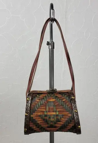 Vintage Basket Purse Two Tone Brown Rattan Bamboo Leather Trim Woven Hinged