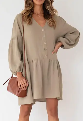 V Neck Long Sleeve Babydoll Button Front Swing Tunic Dress with Pockets Khaki S Tan