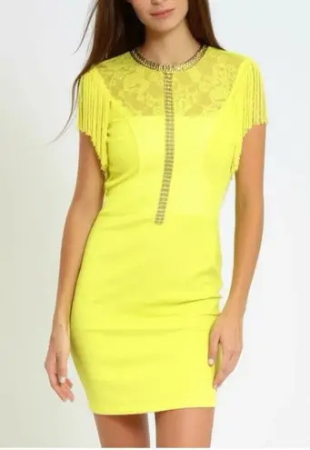 The Clothing Company The Clothing Co Mini Cocktail Dress Glam Yellow Embellished Fringe Lined medium