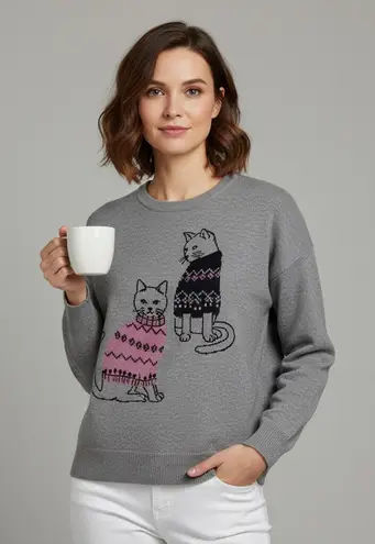 Beldini Double Knit Cat sweater from Beldinni Grey kitties graphic design Sz Large - Image 1