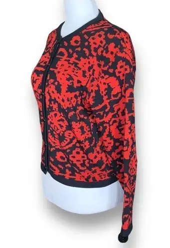 Vintage Jaeger London Cardigan Sweater Bright Red Abstract Pattern Crewneck Black