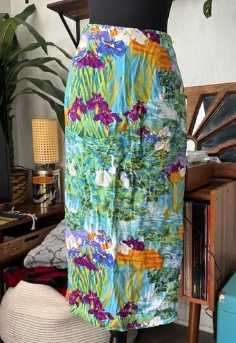 Vintage 90’s Clio Mandarin Collar Impressionist Floral Button down & Skirt Set Green