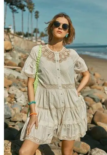 Hunter Bell Dress Newton Lace Pintucked Buttoned Tiered Mini Cream M NWT