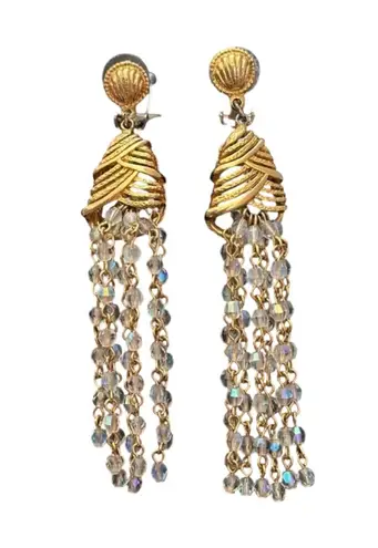 Vintage Art Deco Style Gold Clasp Clam Shell Beaded Cascade Earrings