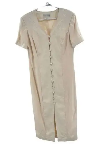 Casual Corner vintage 90s cream rayon linen blend dress button front embroidered Size 14