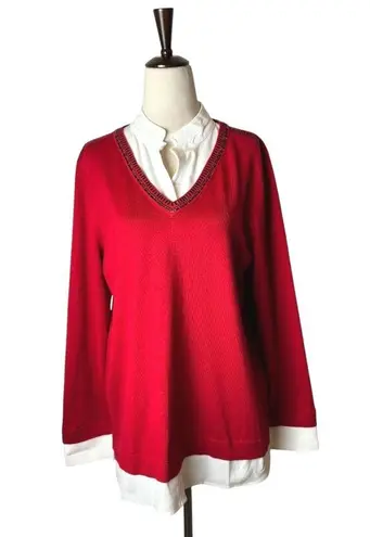 Karl Lagerfeld Sweater Women Small Red Knit Layered Beaded Neckline Preppy Party