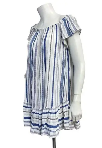 Eight Sixty Women's Off Shoulder White Blue Striped Ruffle hem Shirred Dress