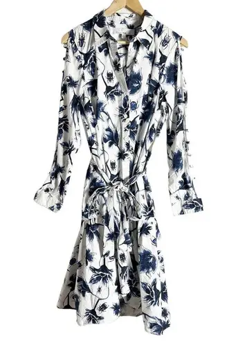 Osman Suzie White Floral Print Long Sleeve Tie Waist High Low Shirt Dress Sz 12